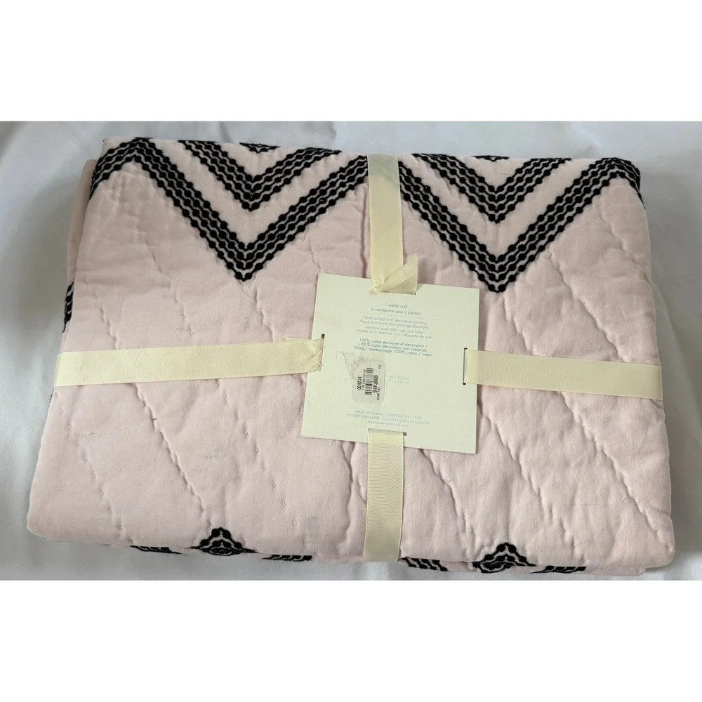 Pottery Barn Kids Vivienne Toddler Quilt Pink Black Chevron Embroidered 36x50 NW